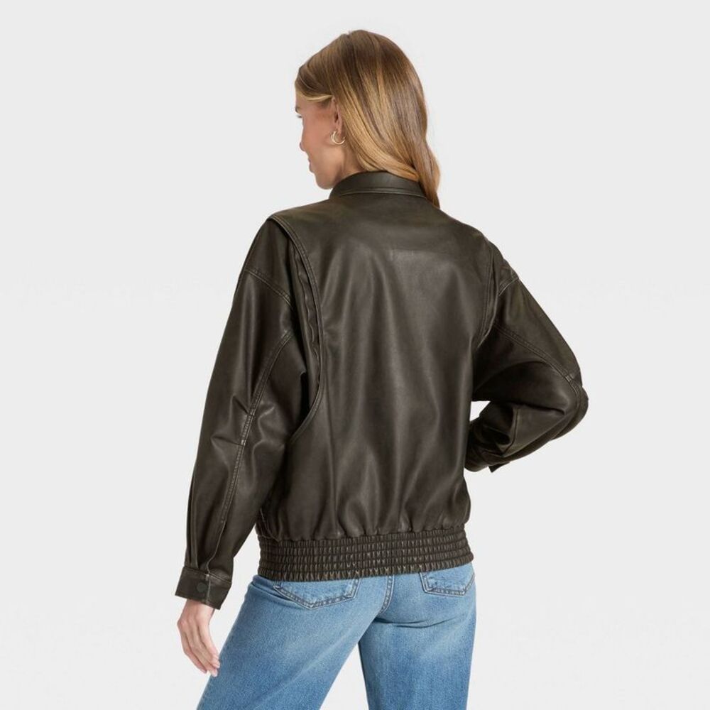 Women's Relaxed Faux Leather Bomber Jacket - Universal Thread Black XS - Picture 2 of 4